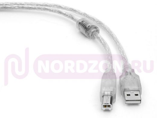 Кабель USB 2.0 Pro Cablexpert CCF-USB2-AMBM-TR-2M, AM/BM, 2м, экран, феррит.кольцо, прозрачный, паке