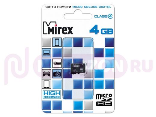 Карта памяти  micro SDHC    4GB  Mirex, class 4, без адаптера