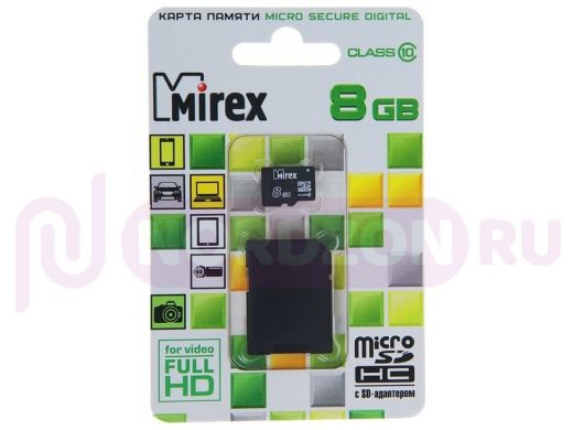 Карта памяти  micro SDHC    8GB  Mirex, сlass 10, с адаптером