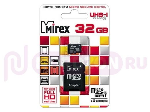 Карта памяти  micro SDHC   32GB  Mirex, сlass 10, с адаптером UHS-I