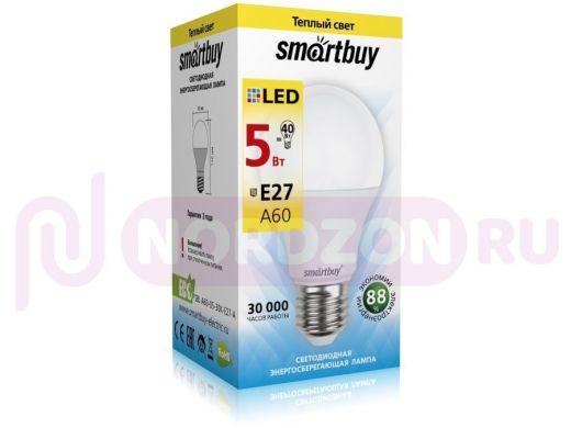 Светодиодная лампа A60 Е27  5W 3000K  Smartbuy-A60-05W/3000/E27