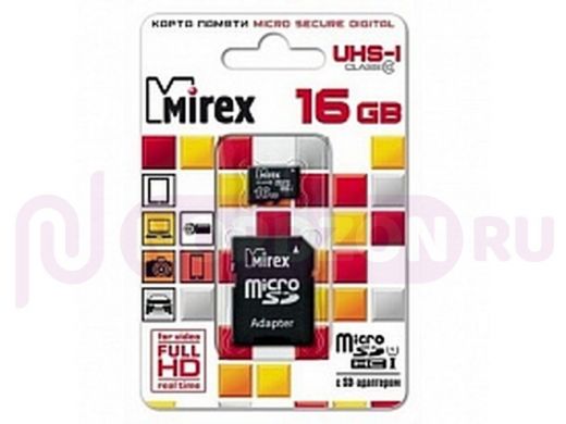 Карта памяти  micro SDHC   16GB  Mirex, сlass 10, c адаптером UHS-I