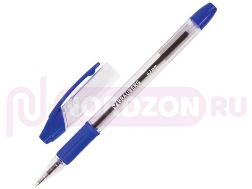 Ручка шариковая с грипом BRAUBERG Samurai, СИНЯЯ, корпус прозрачный, узел 0,7мм, линия 0,35мм