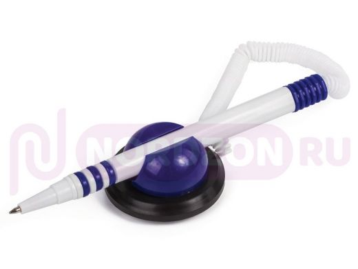Ручка шариковая настольная BRAUBERG Стенд-Пен, СИНЯЯ, пружинка, корпус белый/синий, 0,5мм