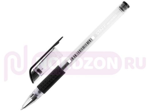 Ручка гелевая с грипом STAFF, ЧЕРНАЯ, корпус прозрачный, пишущий узел 0,5мм, линия 0,35мм