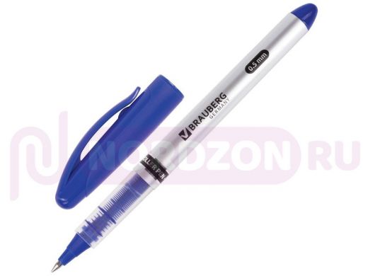 Ручка-роллер BRAUBERG Control, СИНЯЯ, корпус серебристый, узел 0,5мм, линия 0,3мм