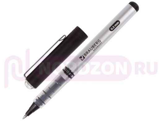 Ручка-роллер "BR-75191" Flagman, ЧЕРНАЯ, корпус серебристый, хром.детали, 0,5мм, линия 0,3мм