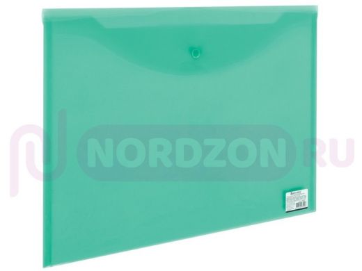Папка-конверт с кнопкой БОЛЬШОГО ФОРМАТА (310х430 мм), А3, прозрачная, зелен,0,18 мм,BRAUBERG