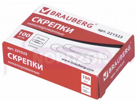Скрепки BRAUBERG 28 мм никелированные, 100 шт., в картонной коробке, РОССИЯ