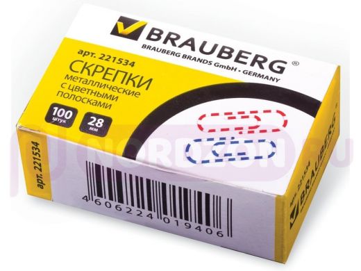 Скрепки BRAUBERG 28 мм с цветными полосками, 100 шт., в карт. коробке