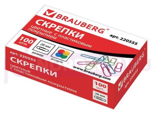 Скрепки BRAUBERG 28 мм цветные, 100 шт., в картонной коробке, РОССИЯ