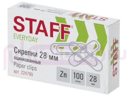 Скрепки STAFF, 28 мм, оцинкованные, 100 шт., в картонной коробке, РОССИЯ