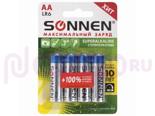 Батарейка LR6  SONNEN Super Alkaline, АА (LR06, 15А), алкалиновые, цена 4 шт, в блистере