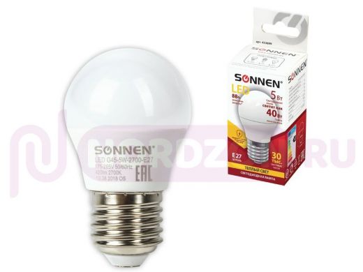 Лампа светодиодная SONNEN, 5(40)Вт, E27, шар, теплый/белый, LED G45-5W-2700-E27