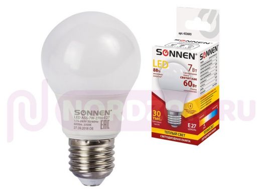 Лампа светодиодная SONNEN, 7(60)Вт, E27, грушевидная, теплый/белый, LED A55-7W-2700-E27