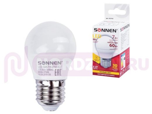 Лампа светодиодная SONNEN, 7(60)Вт, E27, шар, теплый/белый, LED G45-7W-2700-E27