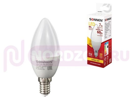 Лампа светодиодная SONNEN, 7(60)Вт, Е14, свеча, теплый/белый, LED C37-7W-2700-E14