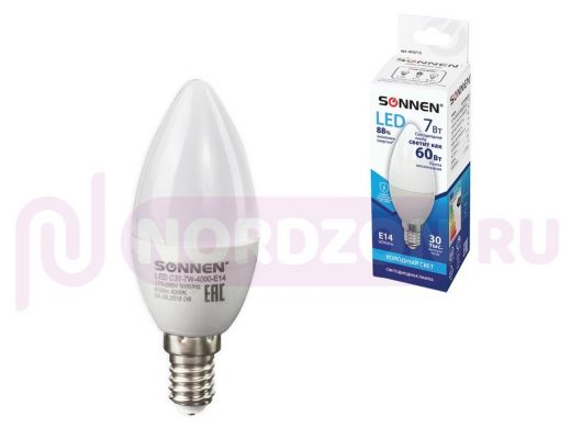 Лампа светодиодная SONNEN, 7(60)Вт, Е14, свеча, холодный/белый, LED C37-7W-4000-E14