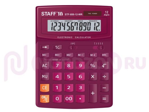 Калькулятор STAFF настольный STF-888-12-WR, 12 разрядов, двойное питание, БОРДОВЫЙ, 200х150 мм, 2504