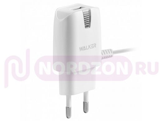 Зарядное устройство с USB  Walker WH-12, 1A, встроенный кабель, белое, micro usb