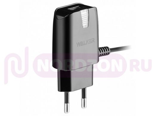 Зарядное устройство с USB  Walker WH-12, 1A, встроенный кабель, чёрное, micro usb