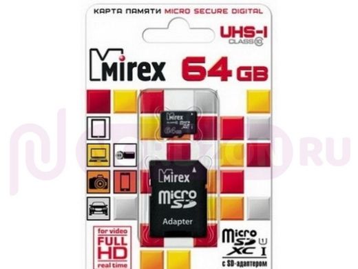 Карта памяти  micro SDHC   64GB  Mirex, сlass 10, c адаптером UHS-I