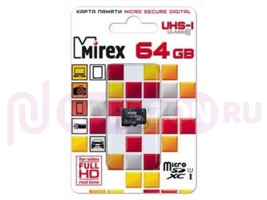 Карта памяти  micro SDHC   64GB  Mirex, сlass 10, без адаптера UHS-I