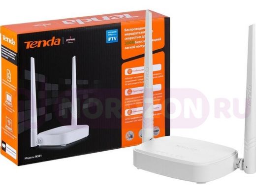 .TENDA N301 WiFi маршрутизатор, 2.4GHz,WLAN300Mbps,802.11bgn+3xLAN RG45 10/100+1xWAN,2x5dBi Antenna