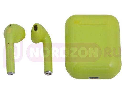 Bluetooth наушники с микрофоном (гарнитура)  i12, TWS, с Bluetooth и зарядным футляром, жёлтый