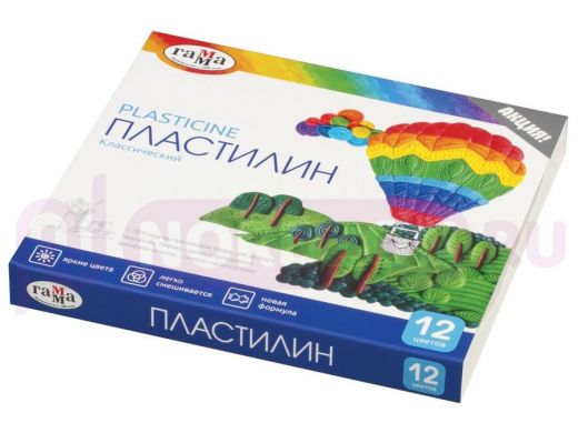 Пластилин классический ГАММА "Классический", 12 цветов, 240 г, со стеком, картонная упаковка