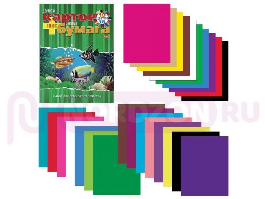 Набор цветного картона и бумаги А4 немелов, 10+16 цветов склейка 