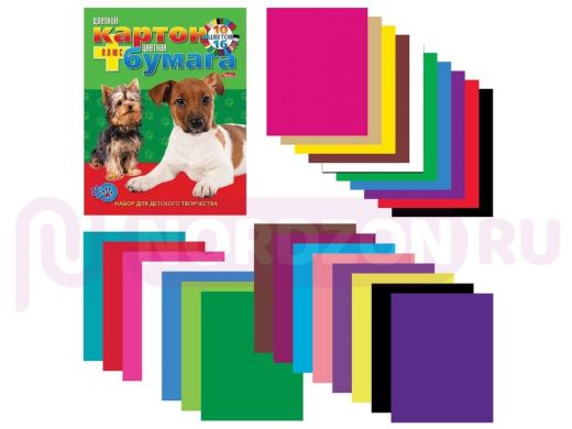 Набор цветного картона и бумаги А4 немелов, 16 + 10 цветов склейка 