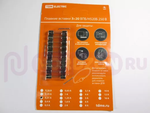 Плавкая вставка ВПТ6-3 0,315А 250В TDM упаковка (10шт.) SQ0738-0103