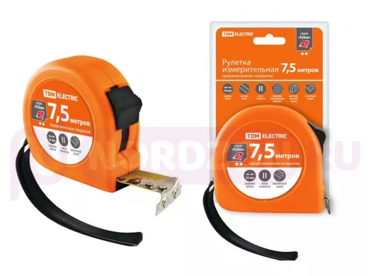 Рулетка TDM 7,5 м, стальная лента, ширина 25 мм, прорезиненное покрытие, магнит, 
