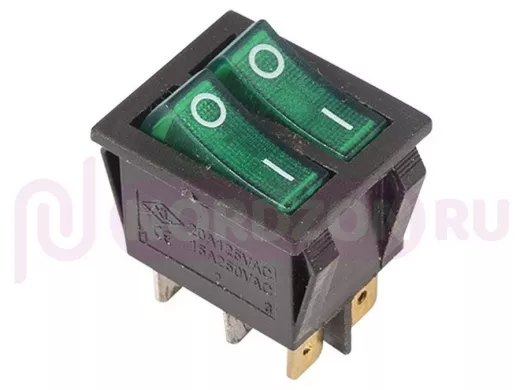 Выключатель клавишный 250V 15А (6с) ON-OFF зеленый  с подсветкой  ДВОЙНОЙ  REXANT