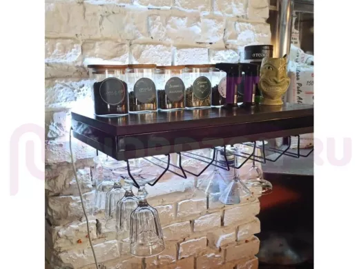 Парящая полка с подсветкой, тайником и держателями бокалов, черный 