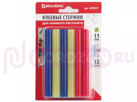 Клеевые стержни, диаметр 11,0мм, длина 100мм, цветные (ассорти), КОМПЛЕКТ 12 штук 