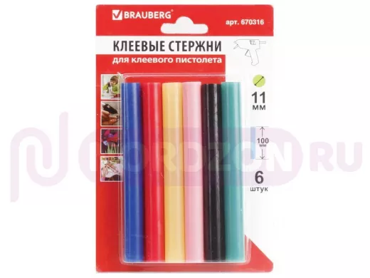 Клеевые стержни, диаметр 11,0мм, длина 100мм, цветные (ассорти), КОМПЛЕКТ 6 штук "BR-79852", блистер