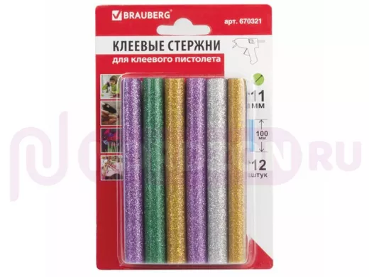Клеевые стержни, диаметр 11,0мм, длина 100мм, цветные (ассорти),С БЛЕСТКАМИ,КОМПЛЕКТ 12 шт 