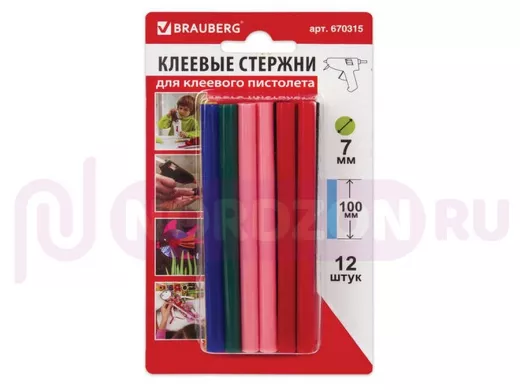 Клеевые стержни, диаметр  7,0мм, длина 100мм, цветные (ассорти), КОМПЛЕКТ 12 штук 