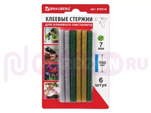 Клеевые стержни, диаметр  7,0мм, длина 100мм,цветные(ассорти),С БЛЕСТКАМИ,КОМПЛЕКТ 6 штук "BR-79872"
