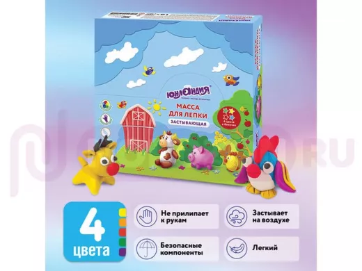Масса для лепки (1 баночка) "BR-92482" "ЮНЛАНДИК - ФЕРМЕР", 4 цвета в баночке, застывающая, 128 мл